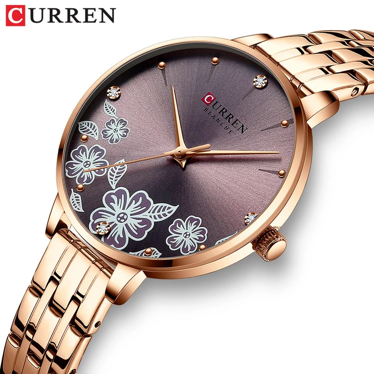 ساعت مجلسی خاص زنانه بند استیل کارن 9068S (کورن CURREN) رزگلد-بنفش
