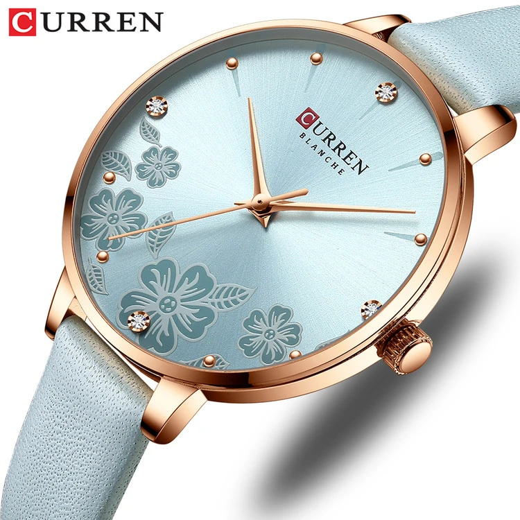 ساعت مجلسی خاص زنانه بند چرمی کارن 9068L (کورن CURREN) آبی آسمانی
