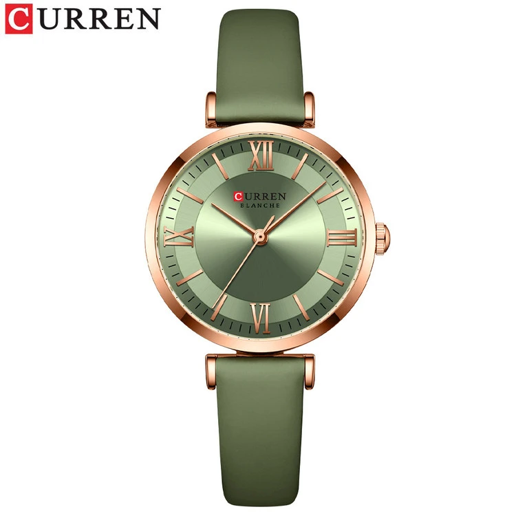 ساعت مجلسی زنانه بند چرمی کارن 9079 (کورن CURREN) زیتونی
