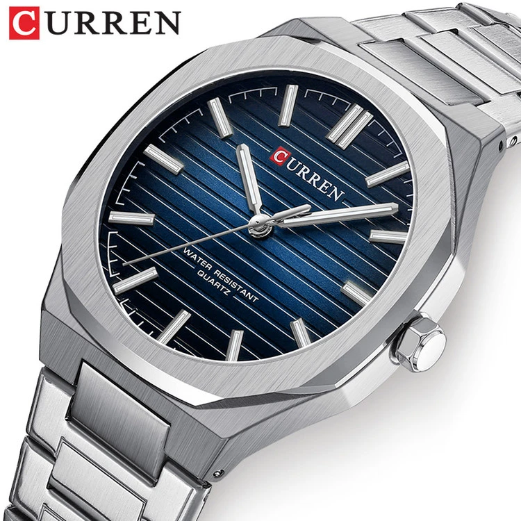 ساعت مردانه ارزان بند استیل ضد آب کارن 8456 (کورن CURREN) نقره ای-آبی