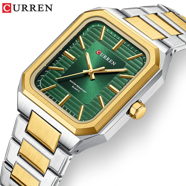 ساعت مردانه مستطیل استیل کارن 8457 (کورن CURREN) نقره ای-طلایی-سبز
