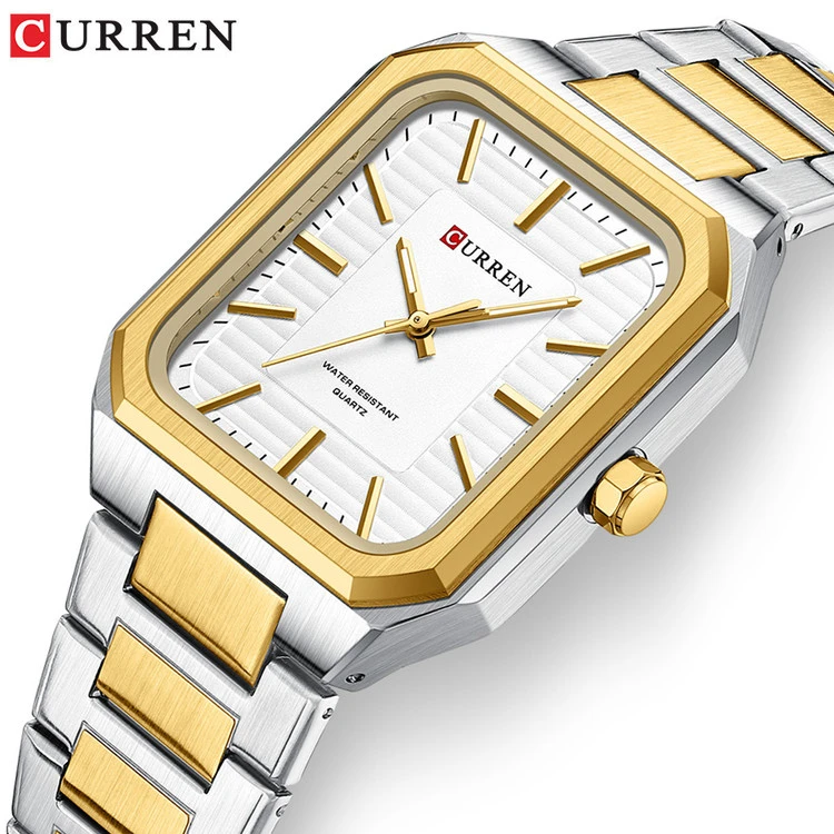 ساعت مردانه مستطیل استیل کارن 8457 (کورن CURREN) نقره ای-طلایی-سفید