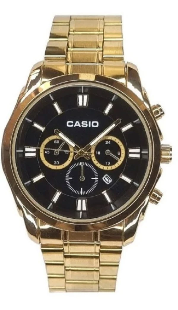 ساعت مردانه کاسیو Casio طرح سه موتوره طلایی صفحه مشکی