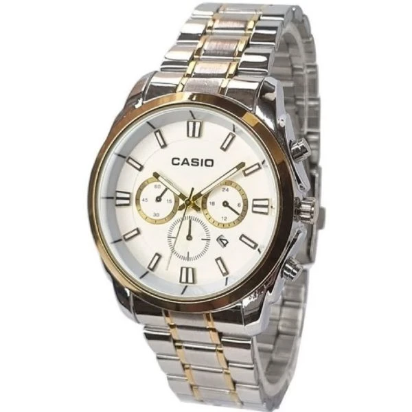 ساعت مردانه کاسیو Casio طرح سه موتوره نقره ای طلایی صفحه سفید