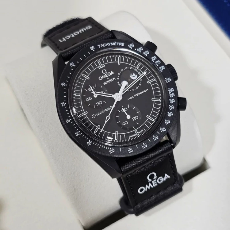 ساعت مچی امگا سواچ مدل اسنوپی مشکی(فاز ماه)OMEGA SWATCH MISSION TO THE MOONPHASE-NEW MOON