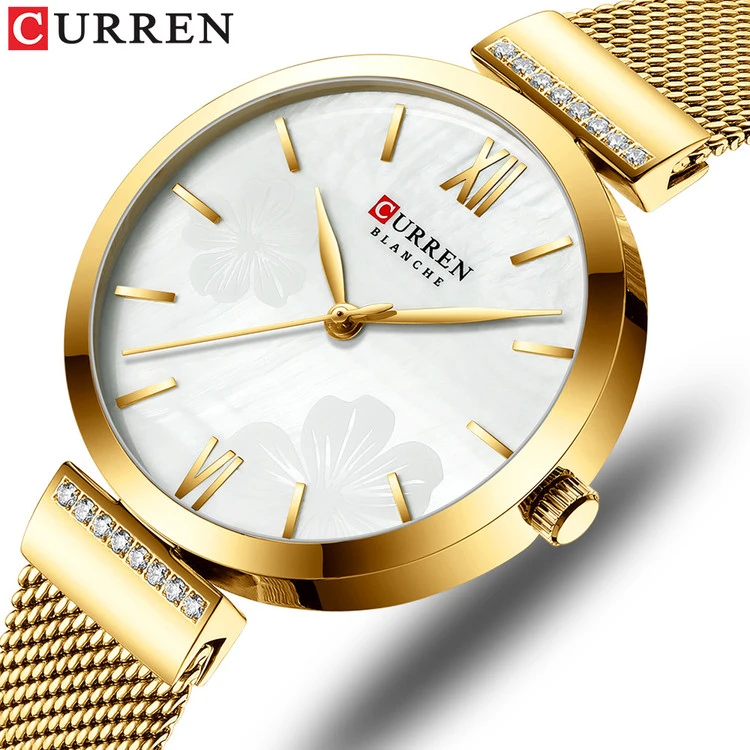ساعت مچی زنانه استیل بند حصیری کارن 9067 (کورن CURREN) طلایی-سفید