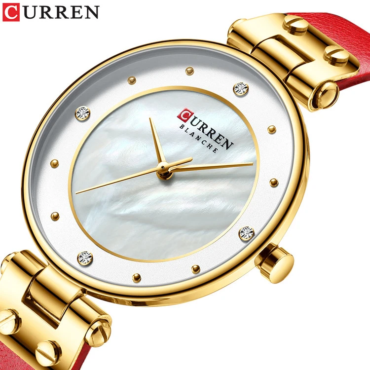ساعت مچی زنانه بند چرمی اسپرت کارن 9056L (کورن CURREN) قرمز-طلایی