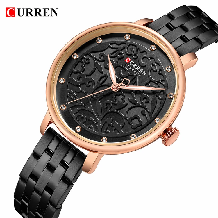 ساعت مچی زنانه خاص بند استیل برند کارن 9046S (کورن CURREN) مشکی