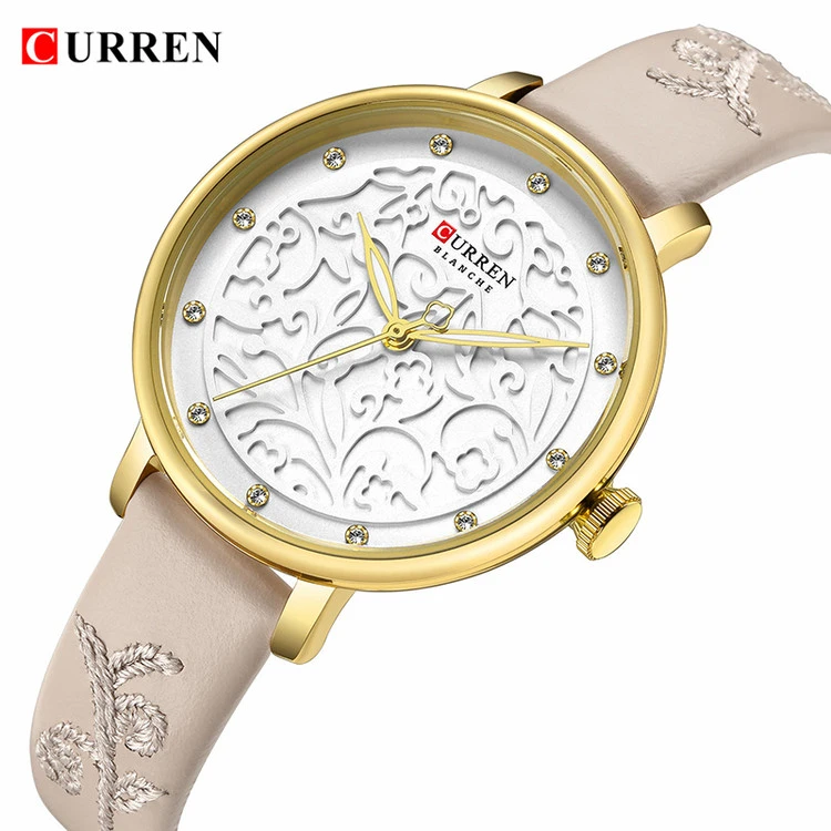 ساعت مچی زنانه خاص بند چرمی برند کارن 9046L (کورن CURREN) بژ-سفید