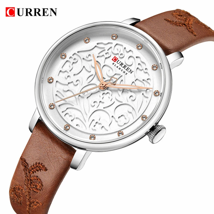 ساعت مچی زنانه خاص بند چرمی برند کارن 9046L (کورن CURREN) قهوه ای-سفید