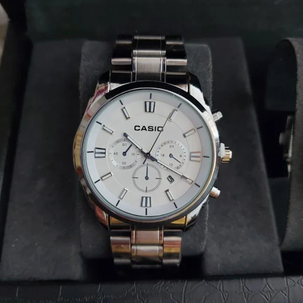 ساعت مچی مردانه کاسیو Casio طرح سه موتوره نقره ای صفحه سفید