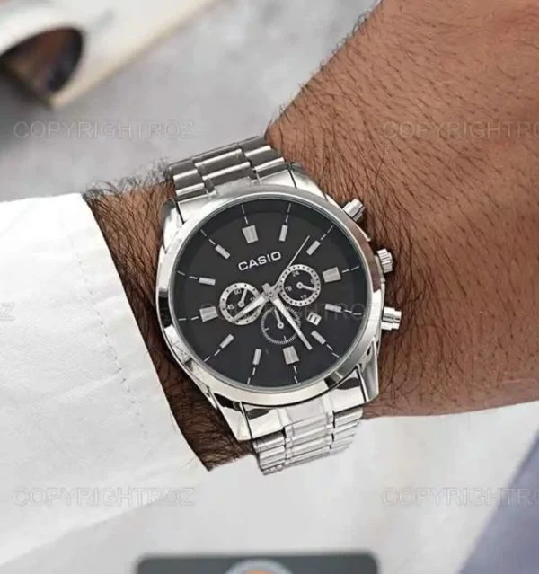 ساعت مچی مردانه کاسیو Casio طرح سه موتوره نقره ای صفحه مشکی