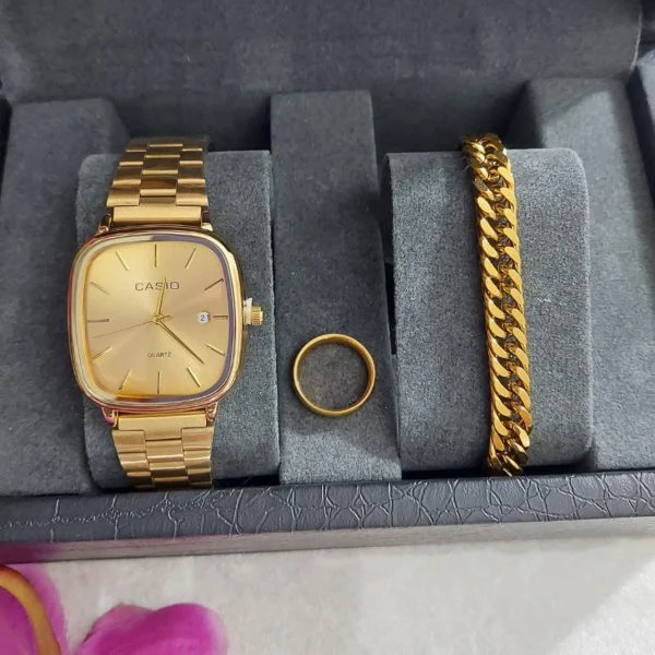ساعت مچی مردانه کاسیو Casio طلایی همراه دستبند و حلقه انگشتر