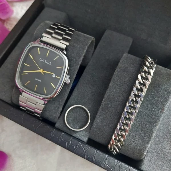ساعت مچی مردانه کاسیو Casio نقره ای همراه دستبند و حلقه انگشتر