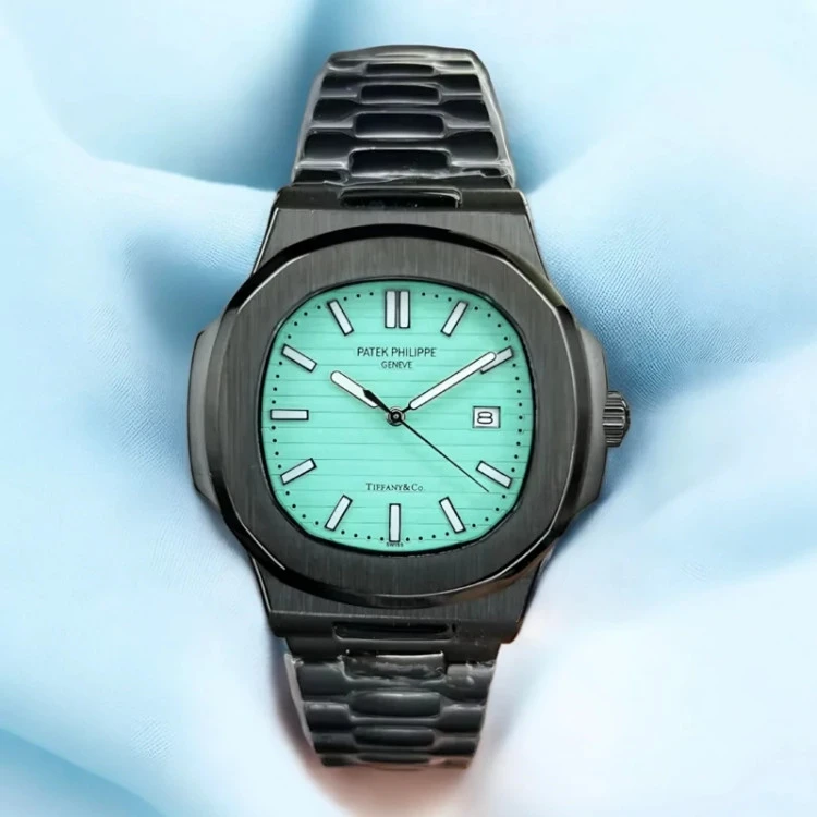 ساعت پتک فیلیپ ناتیلوس مشکی صفحه تیفانی(آبی) کوارتز Patek Philippe Nautilus