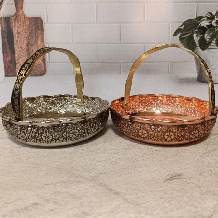 سبد پذیرایی مسی زیبا ضخیم با گلبرگ سیاه قلم ارسال رایگان