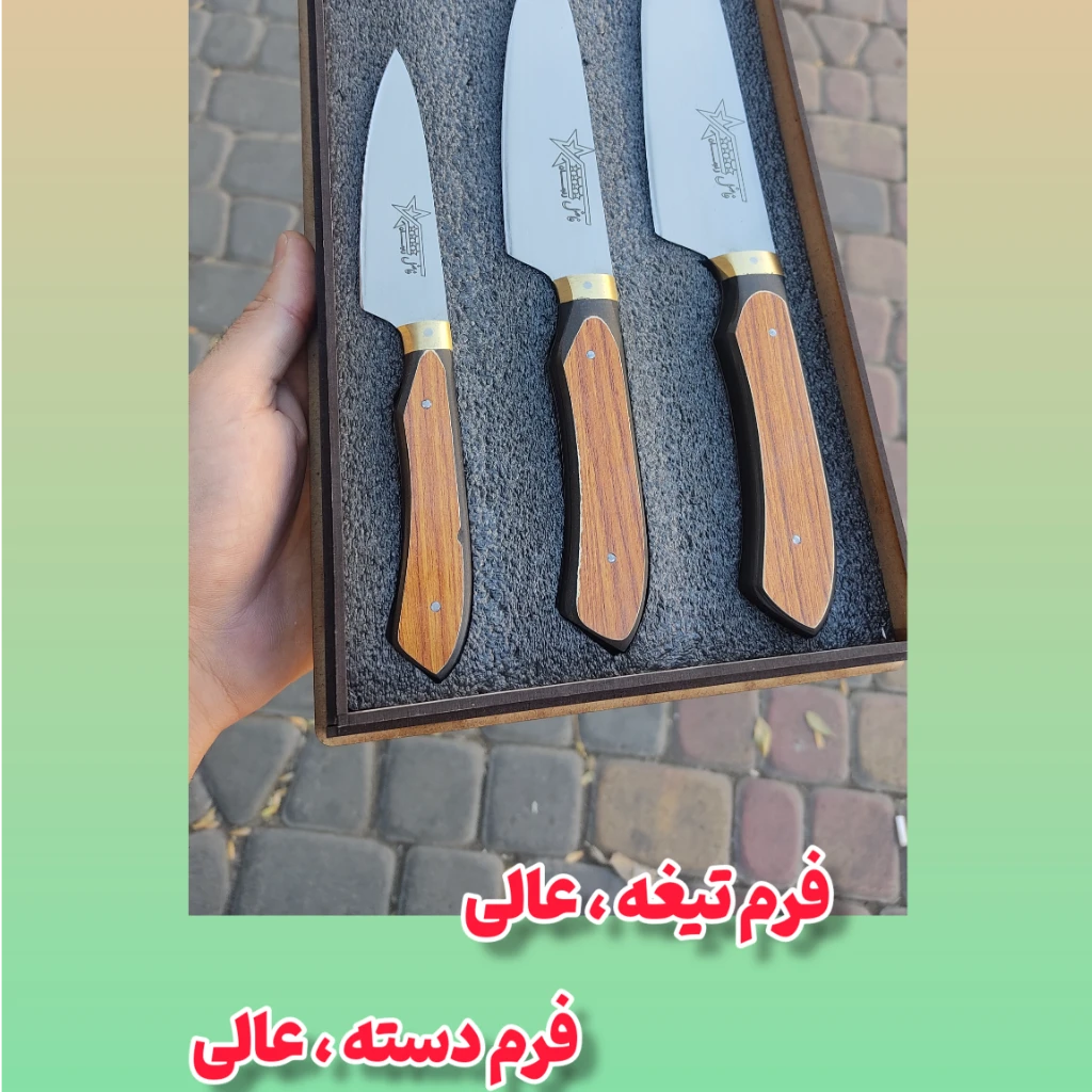 ست 3تایی چاقوی آشپزخانه ضدزنگ سفارشی استاد فاضل اصل زنجان با جعبه چوبی