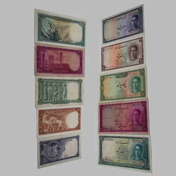 ست 5 عددی اسکناس های 10، 20، 50، 100 و 200 ریالی سری سوم محمدرضا شاه – 11/800715