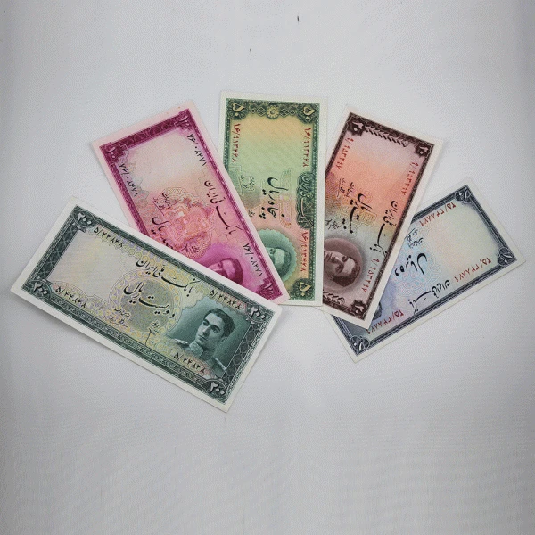 ست 5 عددی اسکناس های 10، 20، 50، 100 و 200 ریالی سری سوم محمدرضا شاه – 25/348879