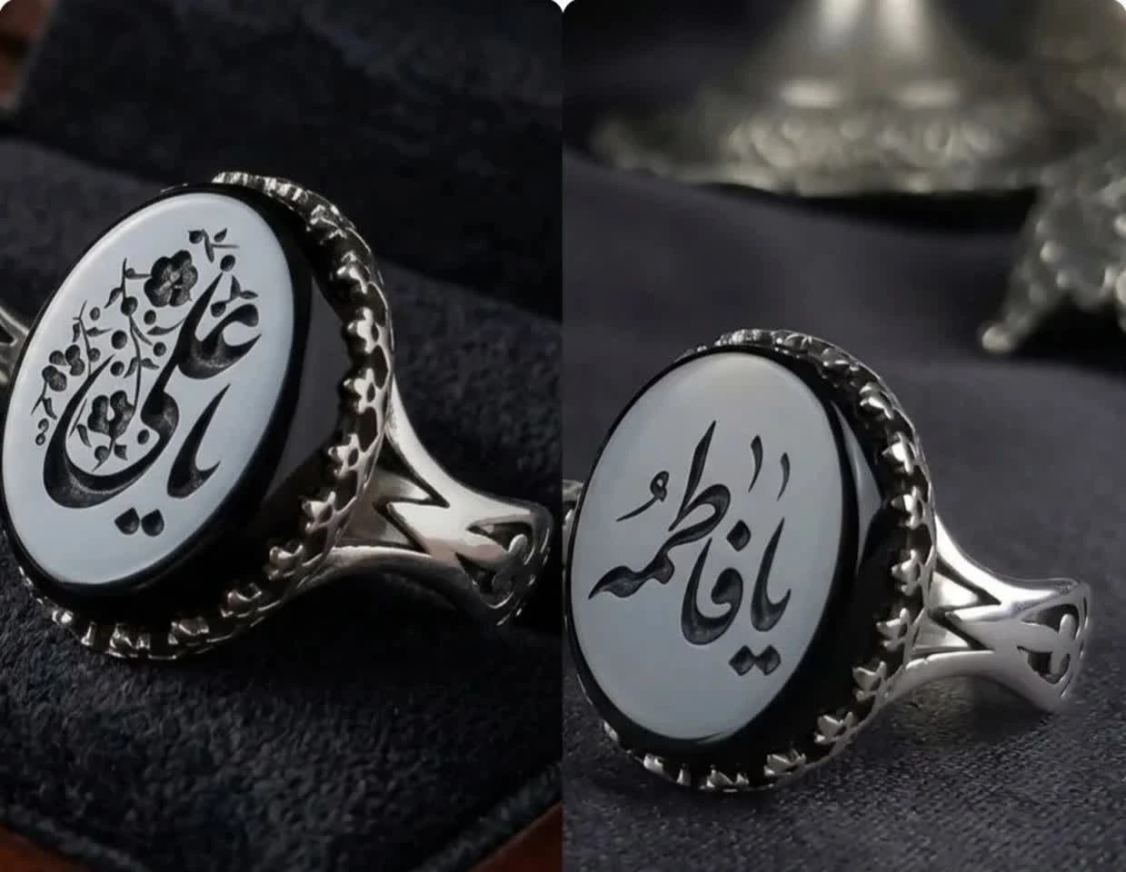 ست آلیاژی انگشتر عقیق مشکی زوجین یا علی یا فاطمه | رکاب نیزه خاص کد 5062