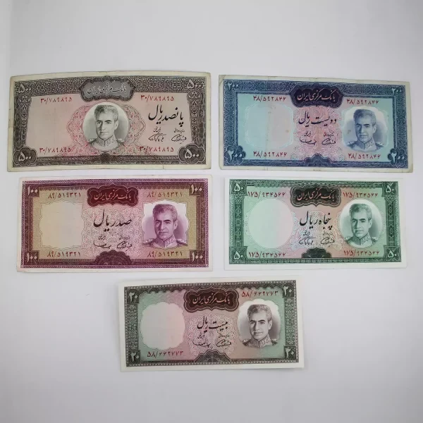 ست اسکناس یقه نظامی محمدرضا شاه پهلوی – 5 برگ – 30/789895