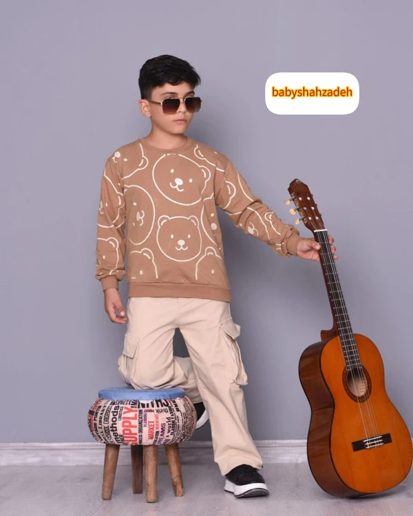 ست بلوز شلوار بچگانه اسپرت برند گل شید طرح پاپدا رنگ قهوه ای کرم سایز 45