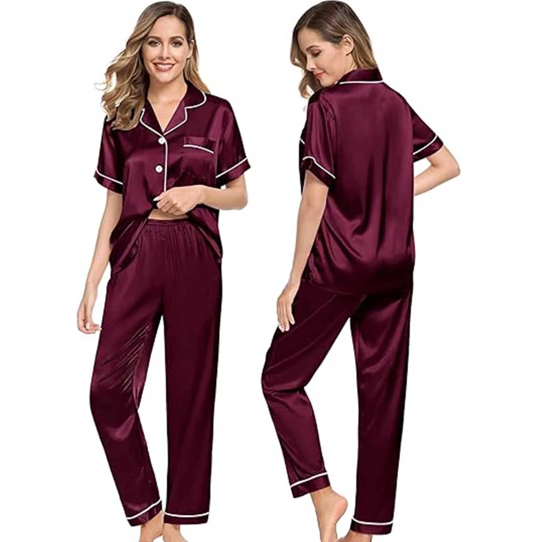 ست بلوز و شلوار ساتن زنانه طرح کلاسیک زرشکی