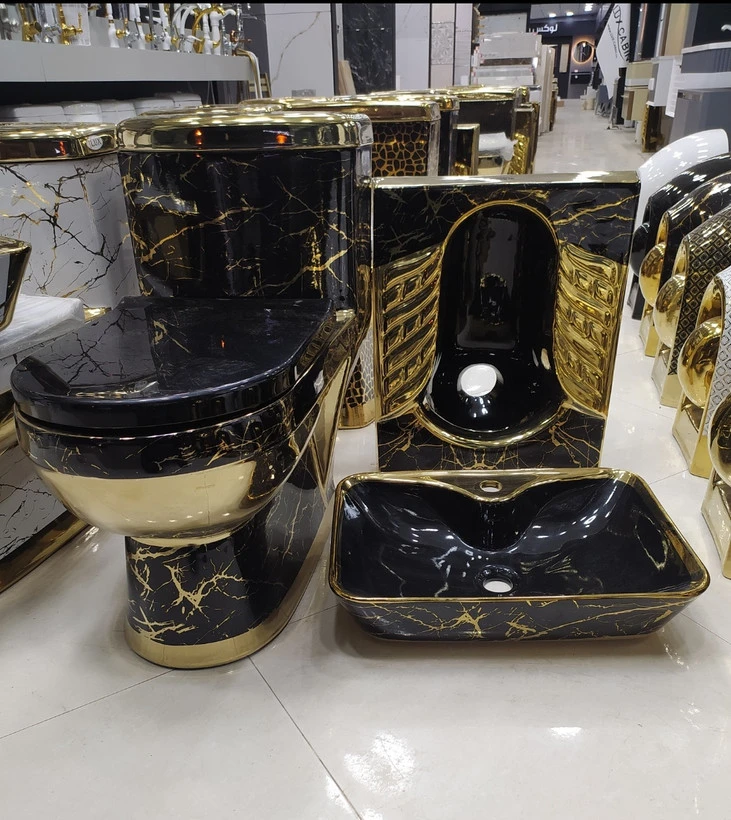 ست توالت فرنگی توالت ایرانی رویه کابینتی مشکی طلایی کد۱۱۸