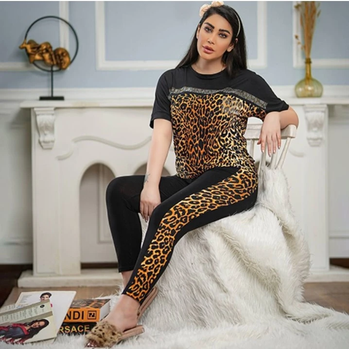 ست تیشرت و شلوار زنانه پلنگی نگینی_شیکان