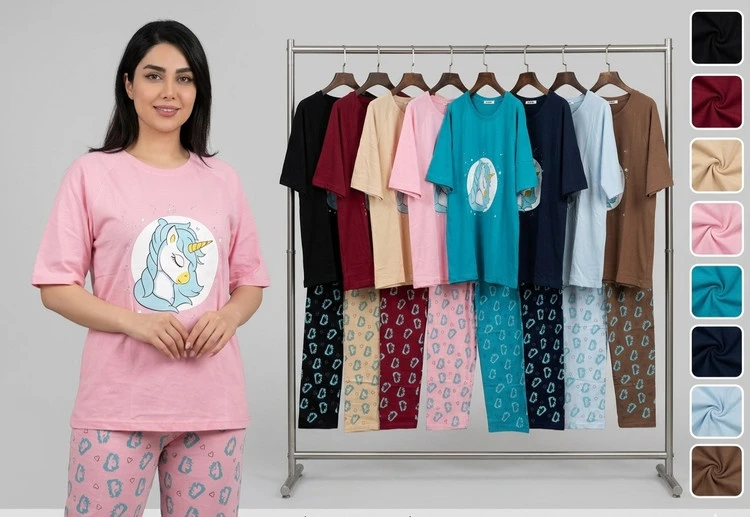 ست تیشرت و شلوار نخ پنبه طرح یونیکورن سوپر سایز