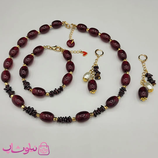 ست زنانه دستساز برند N&SH مدل سنگهای زرشکی و مشکی کد 550