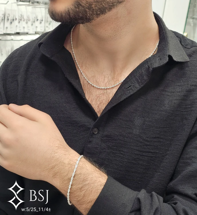 ست زنجیر و دستبند نقره طرح طنابی