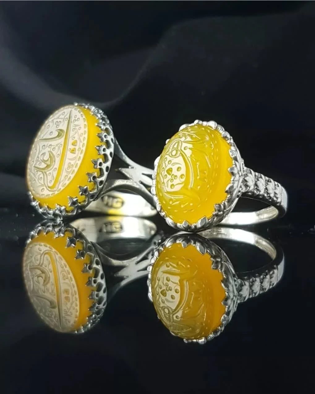 ست زوجین نقره حکاکی یاعلی و یازهرا عقیق زرد کد 2546