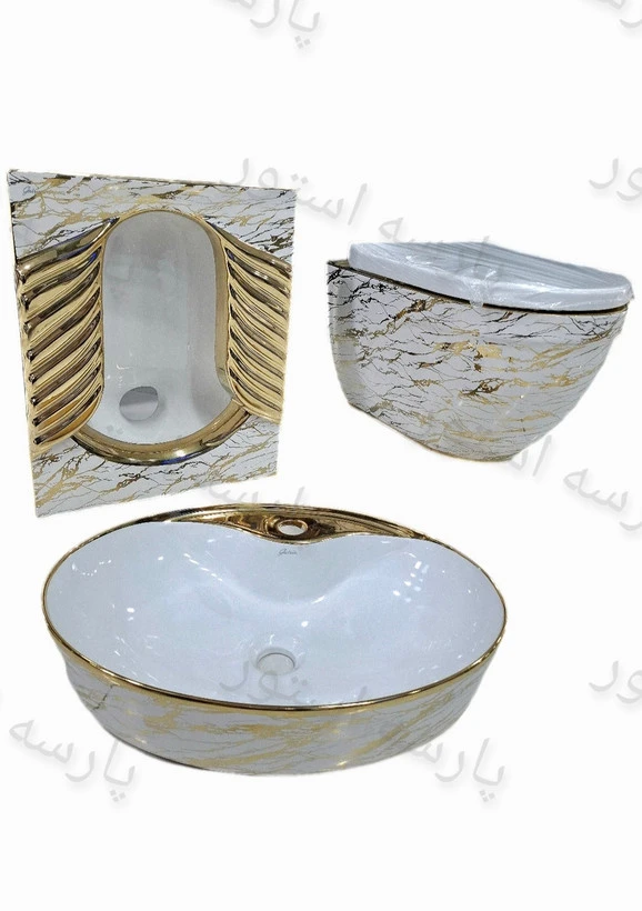 ست فرنگی والهنگ توالت زمینی و رویه کابینتی سفید طلایی کد118