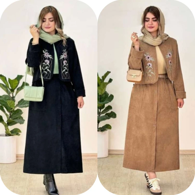 ست کت دامن،جنس گلدوزی و مخمل کبریتی،فری سایزتا۴۸