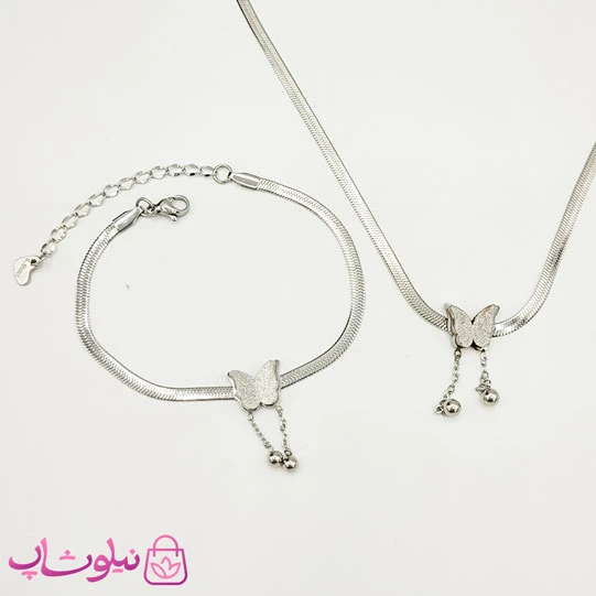 ست گردنبند و دستبند دخترانه پروانه نقره ای