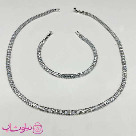 ست گردنبند و دستبند زنانه تنیسی نقره ای سفید کد 386