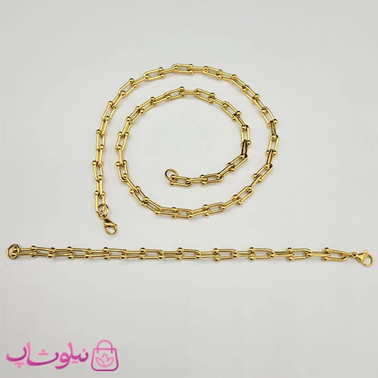 ست گردنبند و دستبند زنانه تیفانی طلایی استیل کد 6918