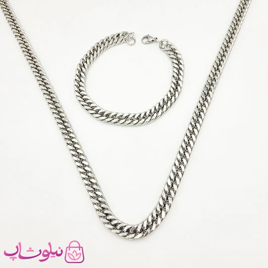 ست گردنبند و دستبند مردانه استیل سیلور کارتیه 8 میل کد 690