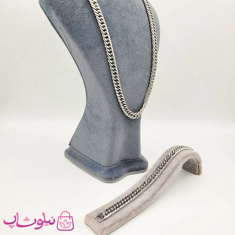 ست گردنبند و دستبند مردانه استیل نقره ای