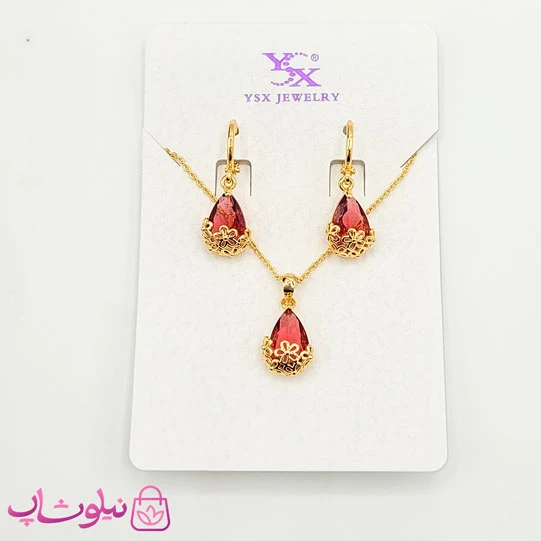 ست گردنبند و گوشواره دخترانه YSX قرمز طلایی کد 350