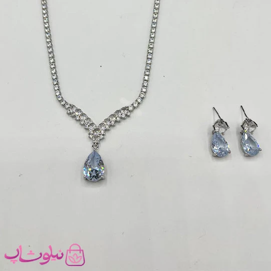 ست گردنبند و گوشواره زنانه تنیسی با کریستال اشکی آبی کد 600