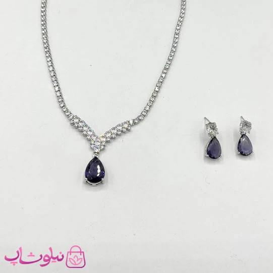 ست گردنبند و گوشواره زنانه تنیسی با کریستال اشکی بنفش کد 800