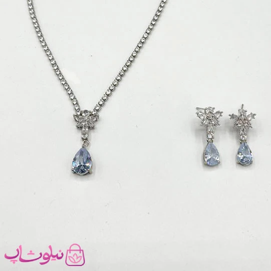 ست گردنبند و گوشواره زنانه تنیسی طرح گل با کریستال اشکی آبی کد 600