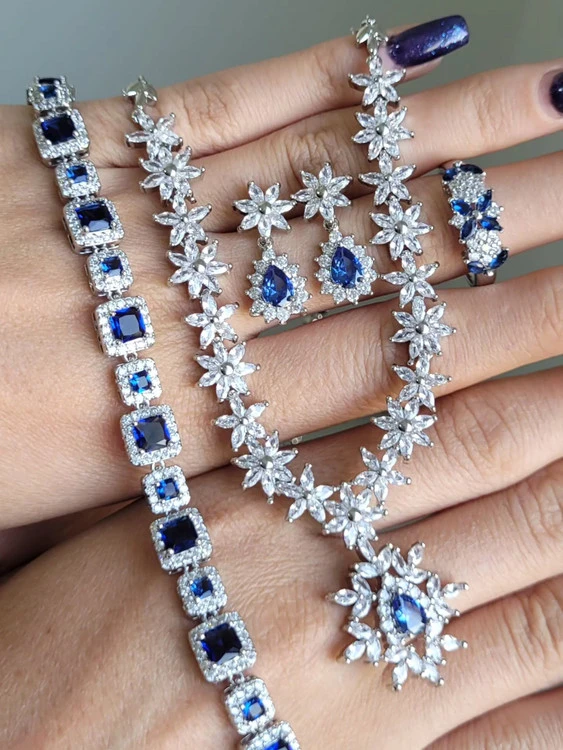 سرویس جواهری طرح طلای زنانه، نگین آبی، برند پرنس، کد1202💍