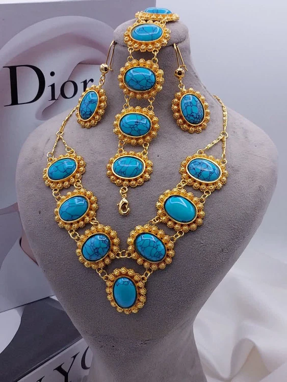 سرویس سنگ طبیعی عقیق وفیروزه ای زنانه|رنگ ثابت، برندMay Dear