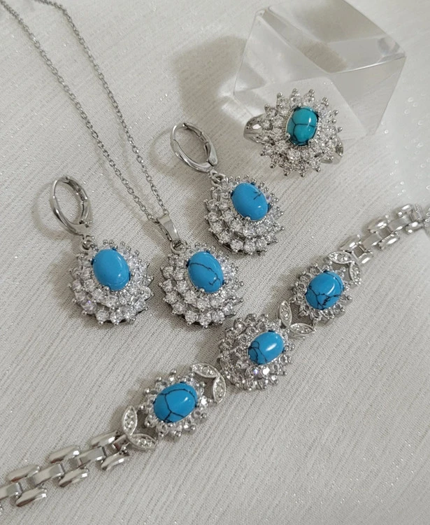 سرویس سنگدار زنانه، مدل خاویاری، سنگ فیروزه ای وارداتی اصل، کد1306💍