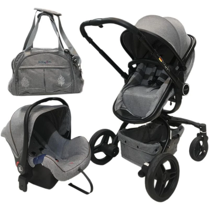 سرویس کالسکه و کریر 360 درجه همراه با ساک لوازم طوسی بیبی فورلایف Baby4Life