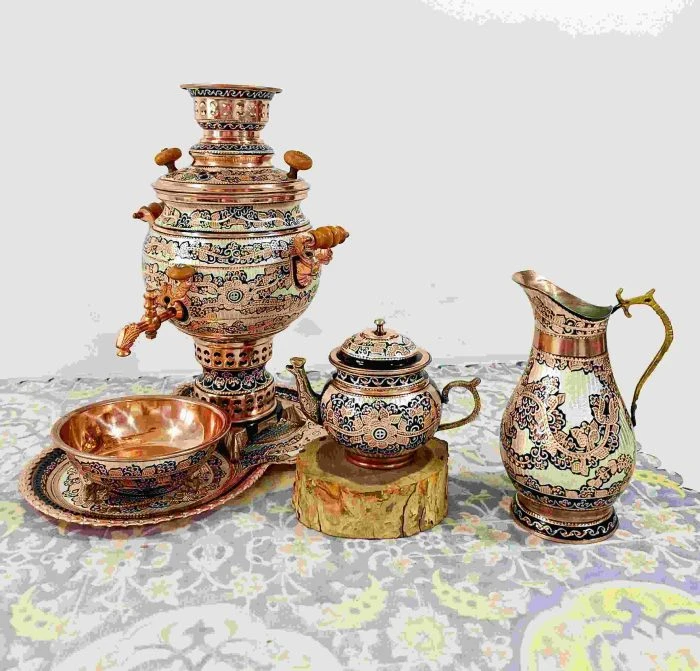 سماور مسی با سرویس 4 تیکه نقره کوب ارسال رایگان