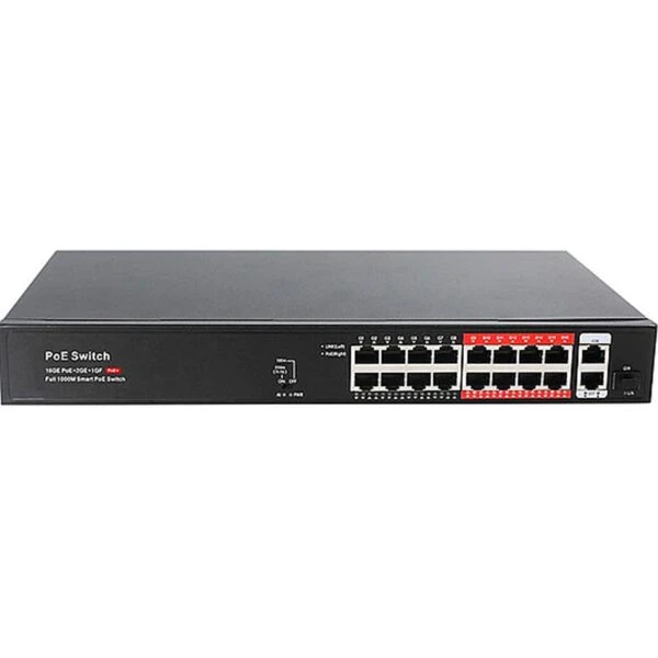 سوئیچ 16 پورت گیگابیت PoE هوشمند مدل H3016PF | 2 پورت Uplink SFP فیبر نوری، توان 250 وات و ظرفیت 38 گیگابیت